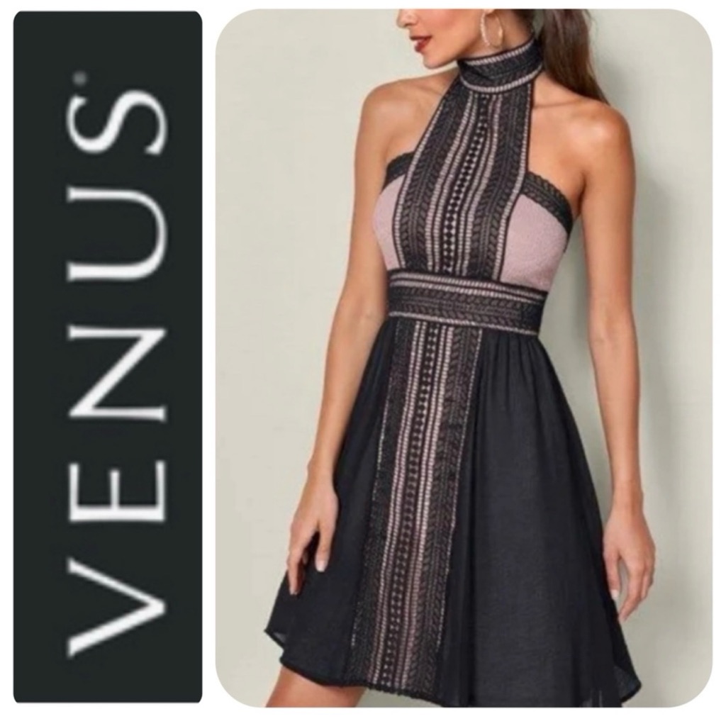 E Nwt Venus Womens A-Line Color Block Halter Neck Lace Trim Dress, Large